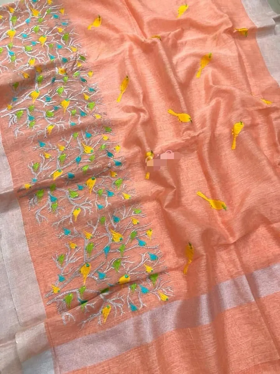Pure Silk Linen Saree with Jari Border – New Floral & Bird Embroidery Work